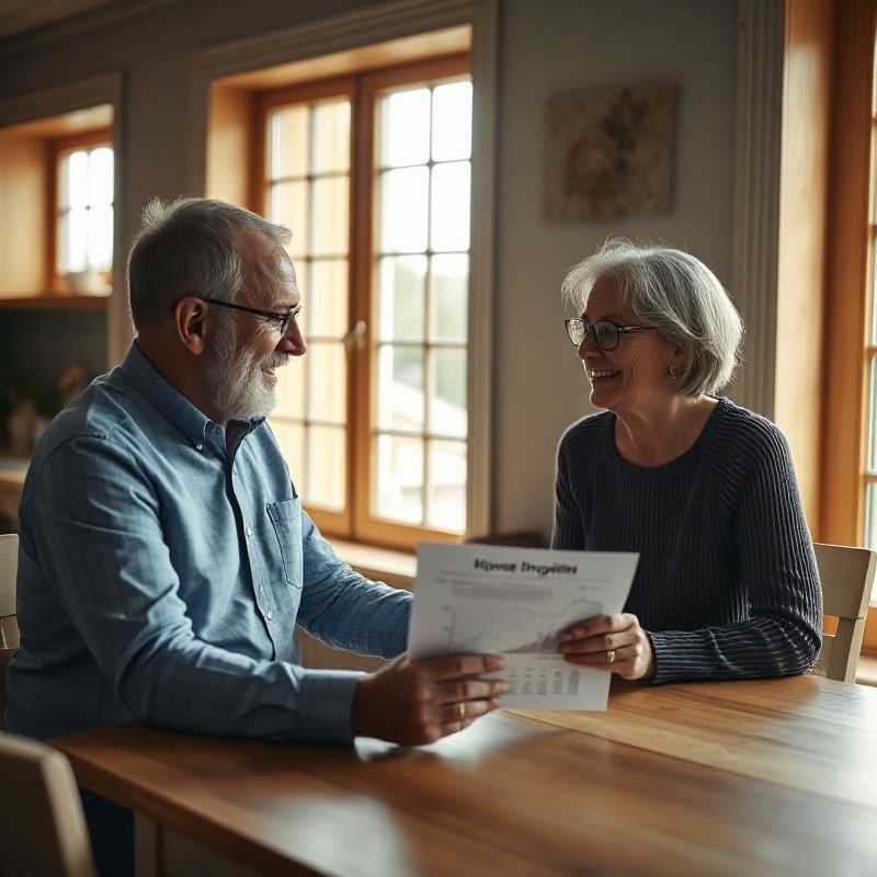 A retired couple reviewing a printed income projection at a bright kitchen table