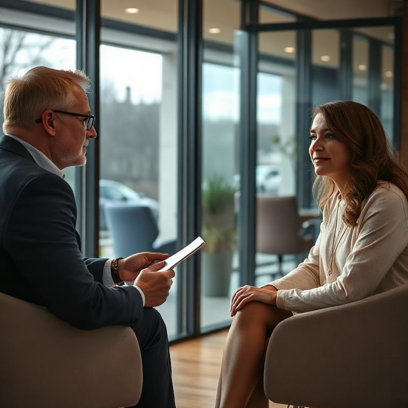 An advisor and client working together in a glass-walled meeting room