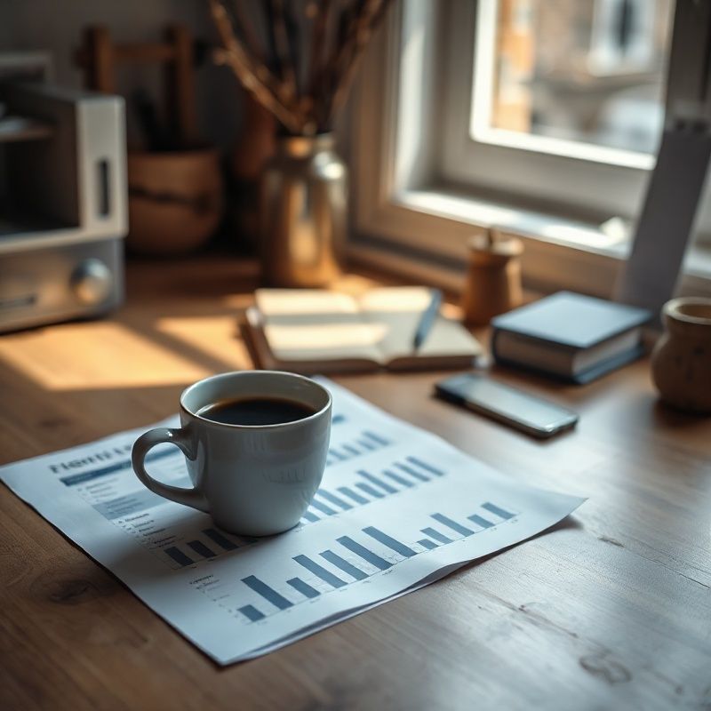 A tidy desk with a printed financial summary and a coffee cup in soft northern light