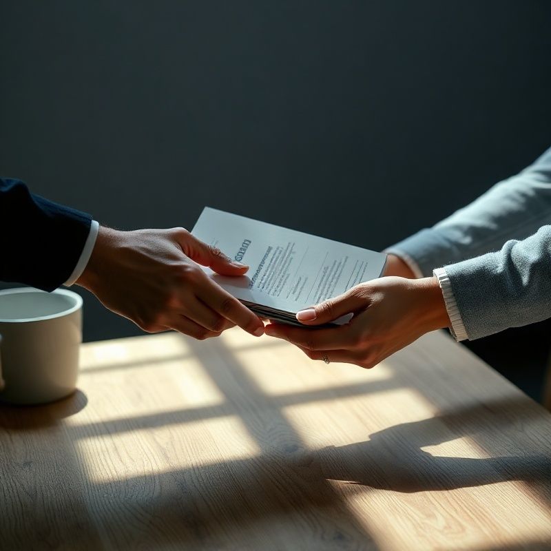 Two people exchanging a signed document folder on a clean stone-and-wood workspace