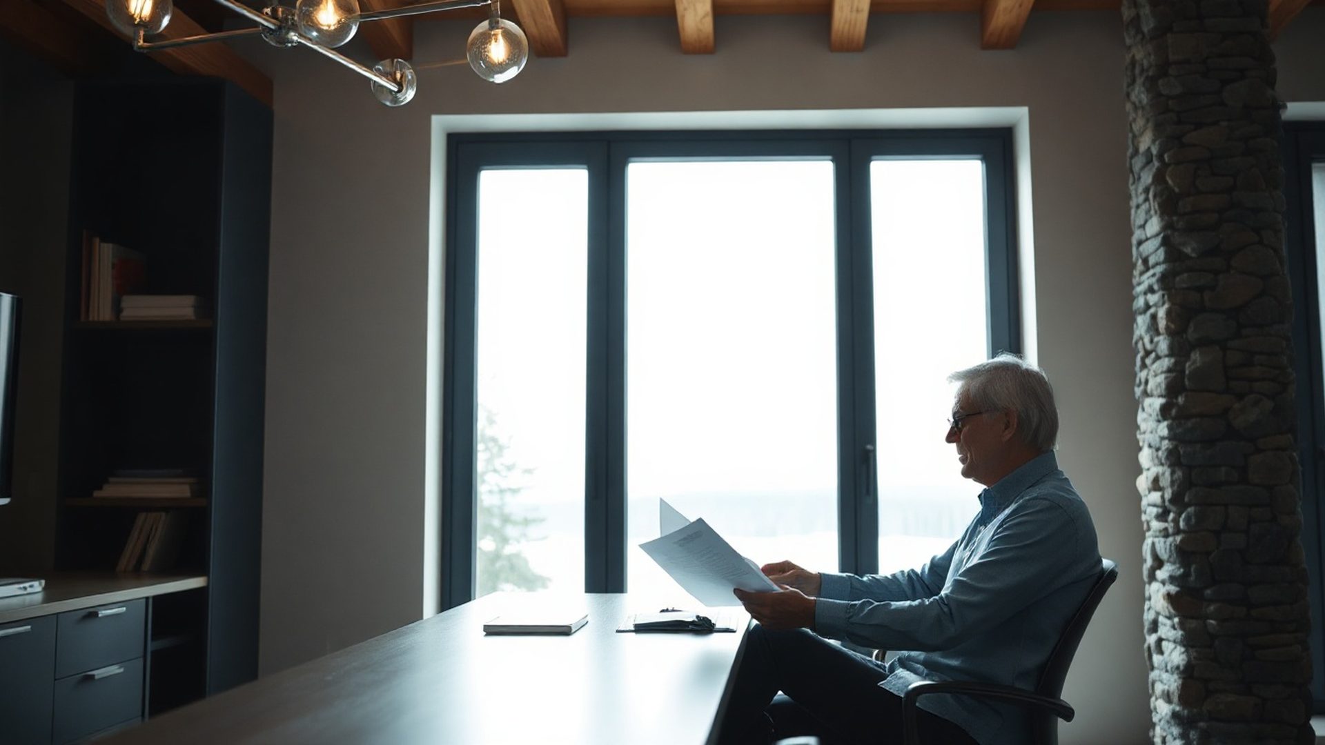 A Stonehmint advisor reviewing a client's retirement plan in a calm, indigo-toned office