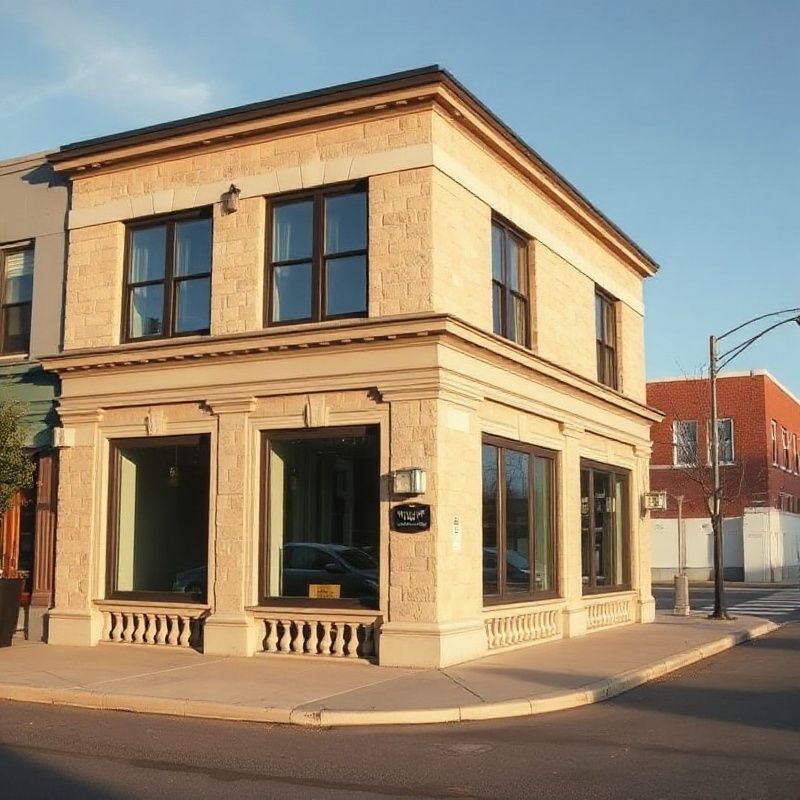 Exterior of a stone office building on a Québec City street in calm northern afternoon light